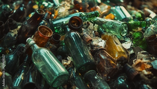 Recycling center filled with discarded glass bottles and containers, concept of waste management and sustainability