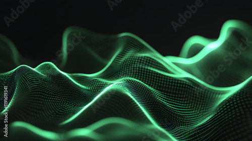  Abstract Green Digital Wave with Futuristic Grid Lines on Dark Background