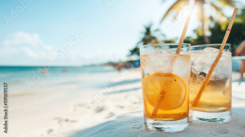 Two refreshing cocktails with ice, lemon slices, and biodegradable straws are placed on a pristine white sand beach, offering a perfect vacation vibe with a blurred ocean backdrop photo