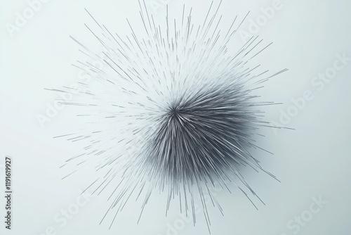 Minimalistic graphical representation of a virus portrayed with intricate lines radiating from a central point in a soft background. Generative AI