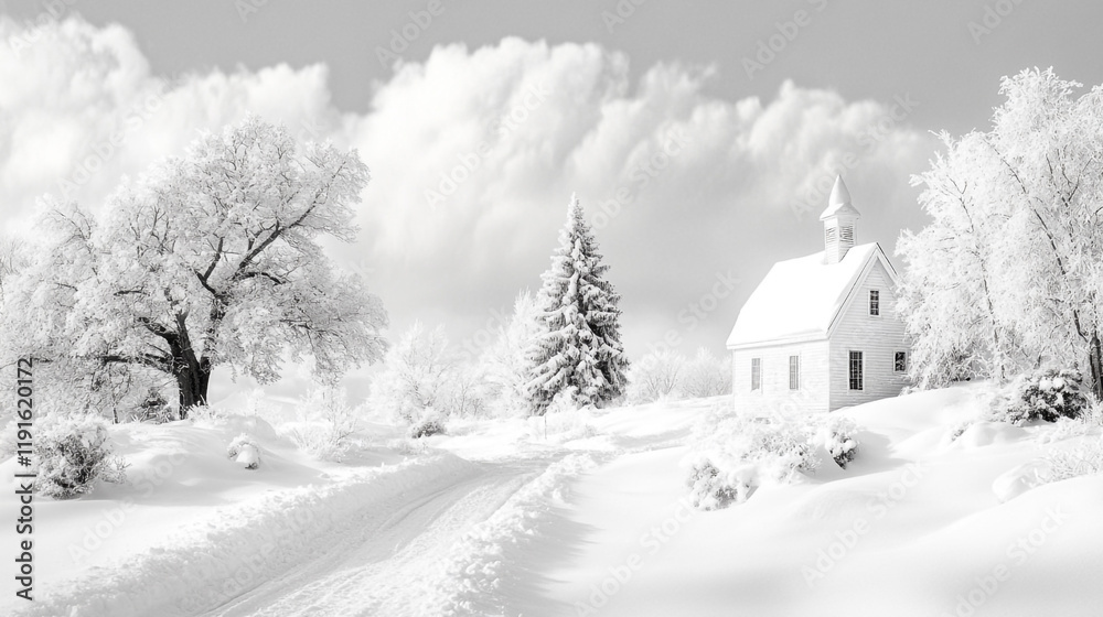 Beautiful winter landscape with a small church and snow-covered trees Beautiful winter landscape with a small church and snow-covered trees