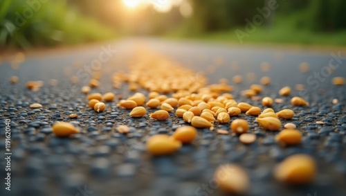 A close-up of seeds scattered on the pavement metaphorically seeding change for future farm policies, Professional stock photo, AI generated photograph photo