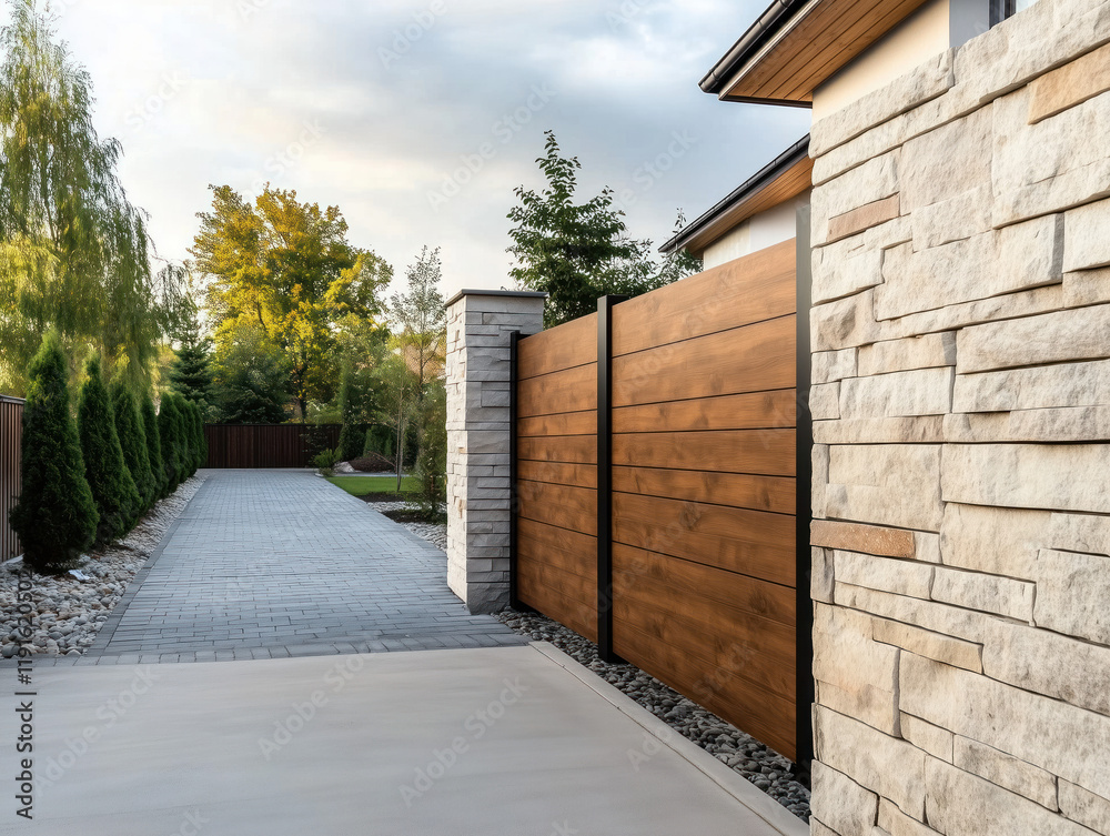 Fototapeta premium Charming Wooden Fence with Sleek Black Metal Accents and Gate, Elegantly Framed by Sturdy Stone Pillars for a Secure Enclosure.