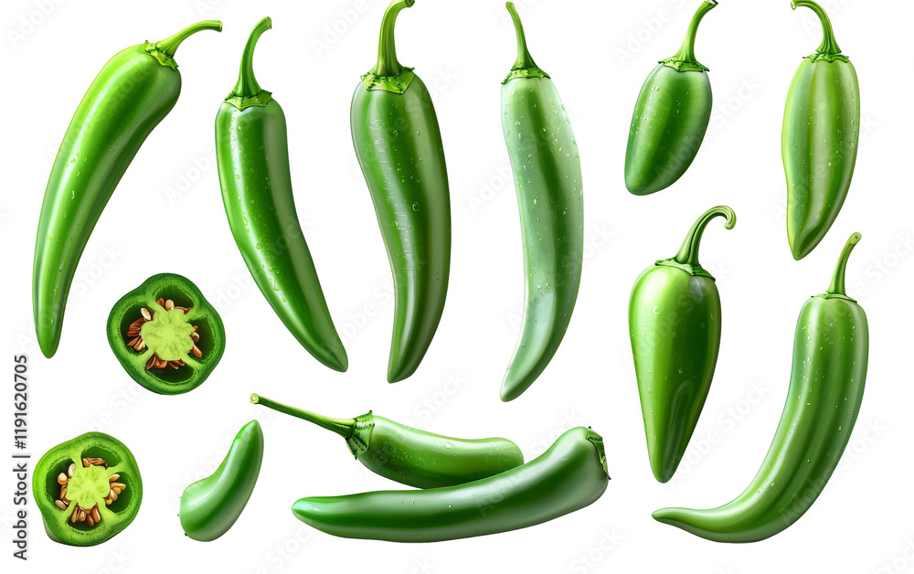 Fresh Green Jalapeño Peppers Arrangement Isolated on transparent background Fresh Green Jalapeño Peppers Arrangement Isolated on transparent background