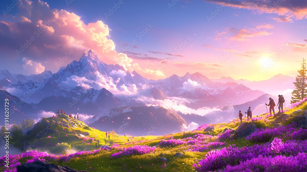 Obraz premium Hikers enjoying a scenic sunset view atop a mountain range covered in purple flowers.