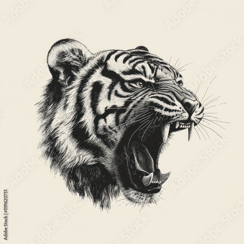 Roaring tiger head sketch, wildlife art, beige background, tattoo design photo