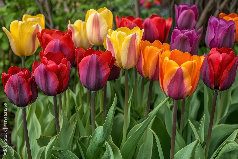 Colorful tulip garden blooming in spring with a variety of vibrant colors and lush green leaves Colorful tulip garden blooming in spring with a variety of vibrant colors and lush green leaves