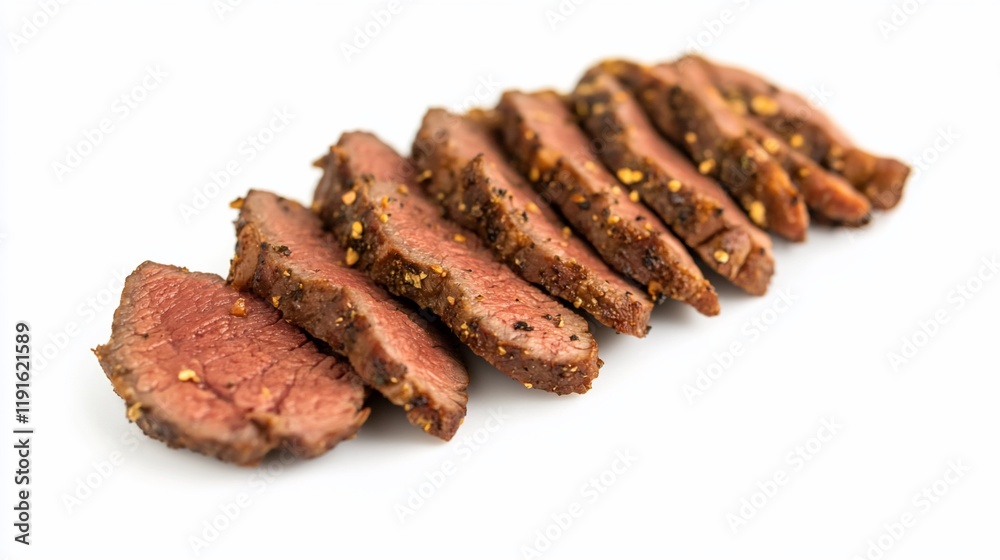 Sliced seasoned grilled venison steak on white background. Sliced seasoned grilled venison steak on white background.