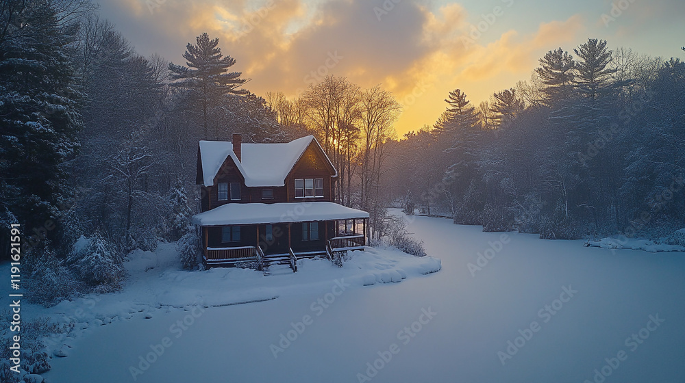 Winter sunset over a cozy cabin by a frozen lake in a snowy landscape Winter sunset over a cozy cabin by a frozen lake in a snowy landscape