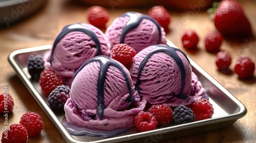 Delicious berry ice cream scoops drizzled with chocolate on a tray with fresh berries photo