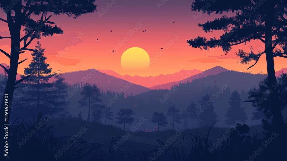 Serene Sunset Over Silhouetted Mountain Forest Landscape Serene Sunset Over Silhouetted Mountain Forest Landscape