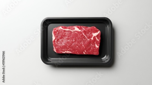 Raw steak in black plastic tray.