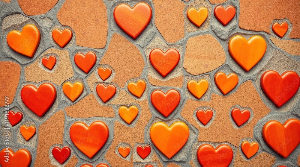 Obraz premium warm toned hearts pattern combined with stone texture, professional aesthetic, red orange and yellow color palette