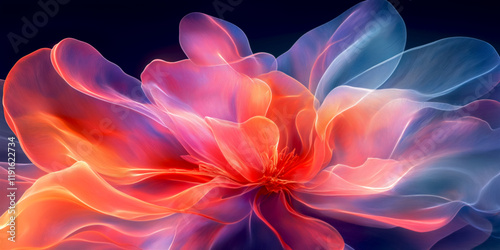 Glowing peony flower with iridescent petals showcasing vibrant hues in a mystical setting. Big luminous peon flower petals in magical hues, peony flower sparkling glow