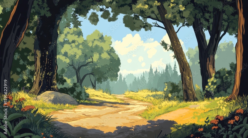 Fototapeta premium Forest Path Leading to Distant Trees and Sky