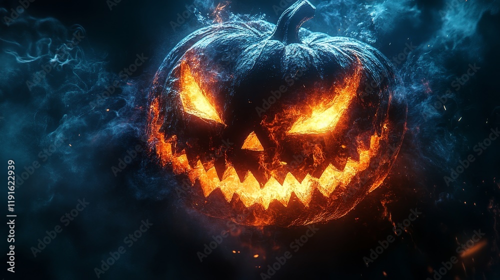 A glowing pumpkin with a scary face on it A glowing pumpkin with a scary face on it