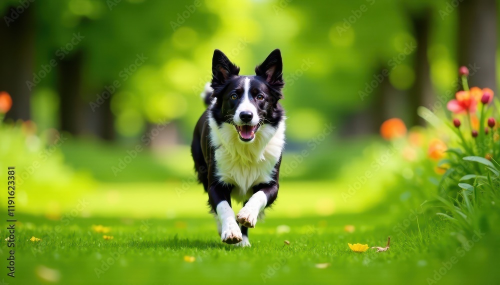 Fototapeta premium Border Collie running freely in green park with trees and flowers, wildlife, dog