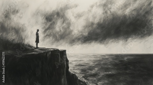 A lone figure stands on a cliff edge overlooking a turbulent sea under a cloudy sky drawing