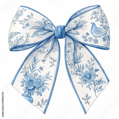watercolor Coquette bow with Blue Toile Bouje Chinoiserie print, isolated on a white background