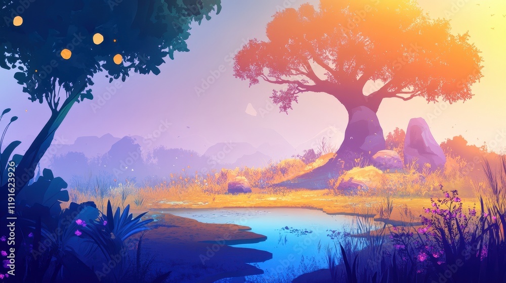 Naklejka premium Serene Landscape Featuring a Pond and Majestic Trees