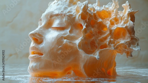 A sculpture of a face made of a strange material