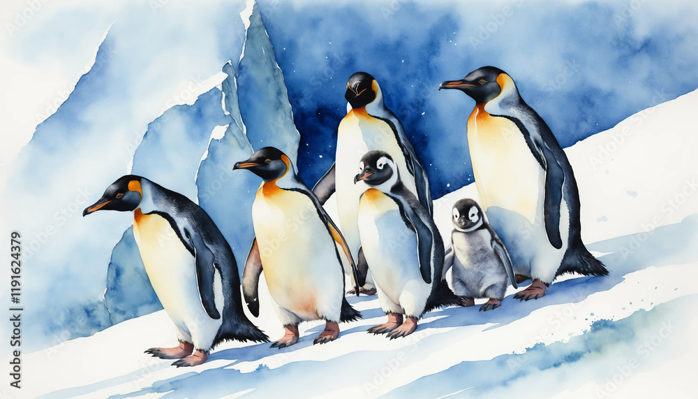 Obraz premium Watercolor illustration of penguins in Antarctica standing on snow with icy mountains in the background during daylight