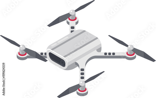 White drone with rotating propellers and a camera flying, capturing photos and videos, representing modern technology and innovation in aerial photography and surveillance