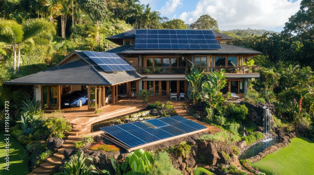 Sustainable Luxury Villa: A stunning modern villa nestled amidst lush tropical greenery with a sleek design and multiple solar panels, highlighting sustainable living in a luxurious setting. Sustainable Luxury Villa: A stunning modern villa nestled amidst lush tropical greenery with a sleek design and multiple solar panels, highlighting sustainable living in a luxurious setting.