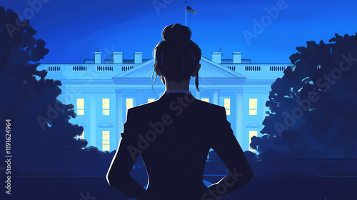 Democrat female politician standing in front of the white house. back view of presidential candidate standing in front of the white house. Rivermist. Illustration
