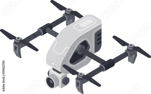 Professional camera drone hovering, showing camera and propellers, with modern and futuristic design, isometric view, perfect for aerial photography and videography