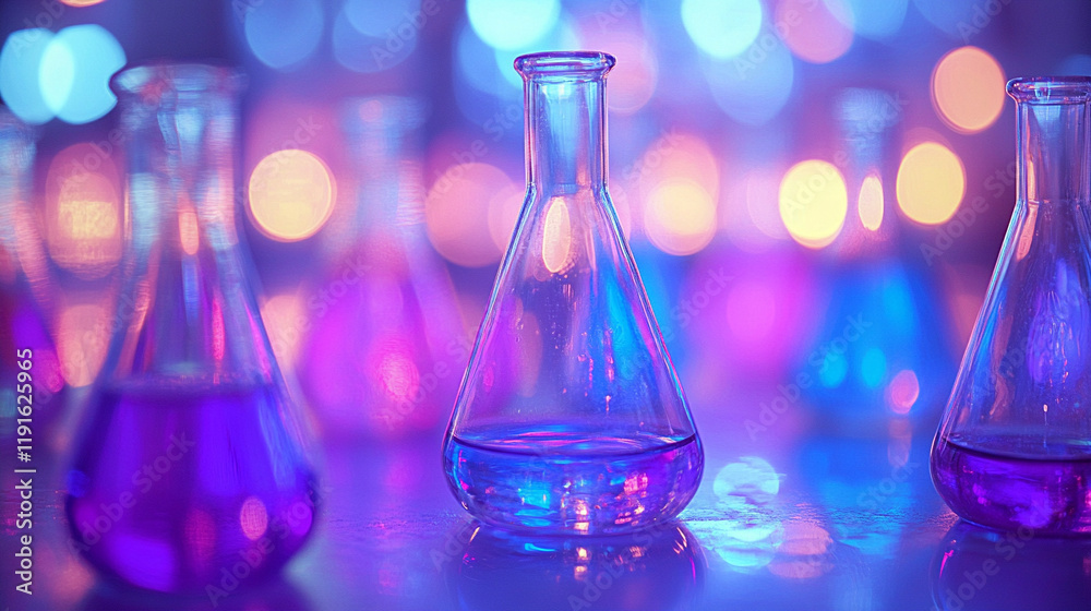 Vibrant beakers filled with multicolored liquids in a bright laboratory, showcasing the chaotic beauty of chemistry experiments with glowing daylight and a blurred backdrop for a dynamic, energetic sc Vibrant beakers filled with multicolored liquids in a bright laboratory, showcasing the chaotic beauty of chemistry experiments with glowing daylight and a blurred backdrop for a dynamic, energetic sc