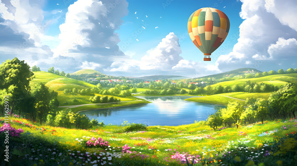 Fototapeta premium A whimsical cartoon meadow with a hot air balloon floating over a serene lake surrounded by rolling hills and wildflowers.
