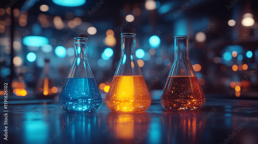 Vibrant beakers filled with multicolored liquids in a bright laboratory, showcasing the chaotic beauty of chemistry experiments with glowing daylight and a blurred backdrop for a dynamic, energetic sc Vibrant beakers filled with multicolored liquids in a bright laboratory, showcasing the chaotic beauty of chemistry experiments with glowing daylight and a blurred backdrop for a dynamic, energetic sc