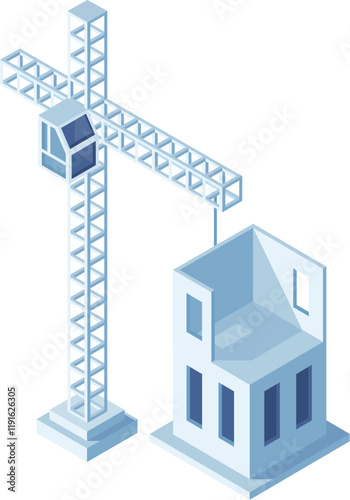 Construction crane building a house using prefabricated modular concrete panels, isometric view of building under construction, concept of real estate development and modern building techniques