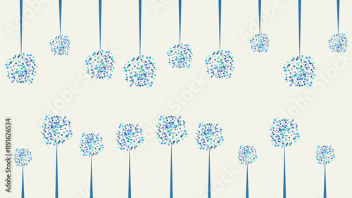This colorful abstract illustration features a dynamic spread of dots in varying sizes and vibrant colors, including blue, green, yellow, purple, and blue, set against a light cream background.