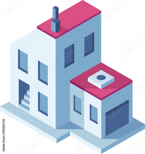 Isometric vector illustration depicting a modern house featuring a garage and chimney, ideal for showcasing real estate and architectural concepts in vibrant urban or suburban settings