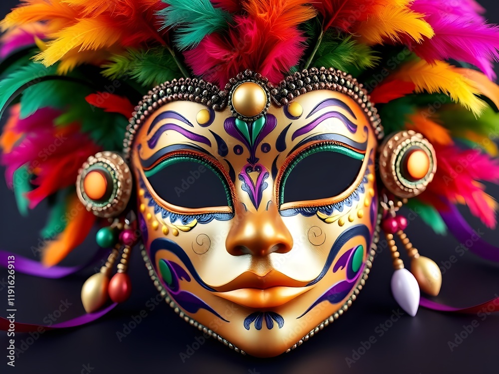 A 3D render of a horizontal image of a colorful carnival mask. The mask is decorated with feathers, beads, and other ornate designs.
A 3D render of a horizontal image of a colorful carnival mask. The mask is decorated with feathers, beads, and other ornate designs.