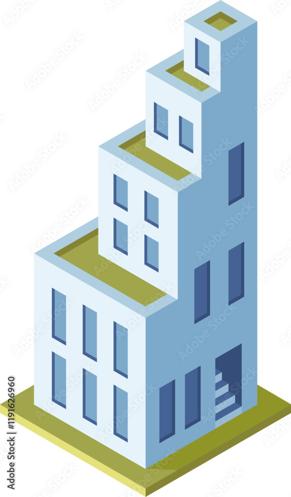 Modern isometric building featuring rooftop terraces, windows, and a staircase entrance, representing urban architecture and sustainable design Modern isometric building featuring rooftop terraces, windows, and a staircase entrance, representing urban architecture and sustainable design