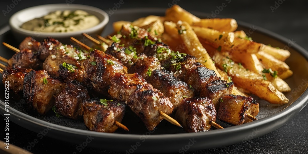 Grilled kebab skewers served with golden fries and herbs in an elegant dining setting Grilled kebab skewers served with golden fries and herbs in an elegant dining setting