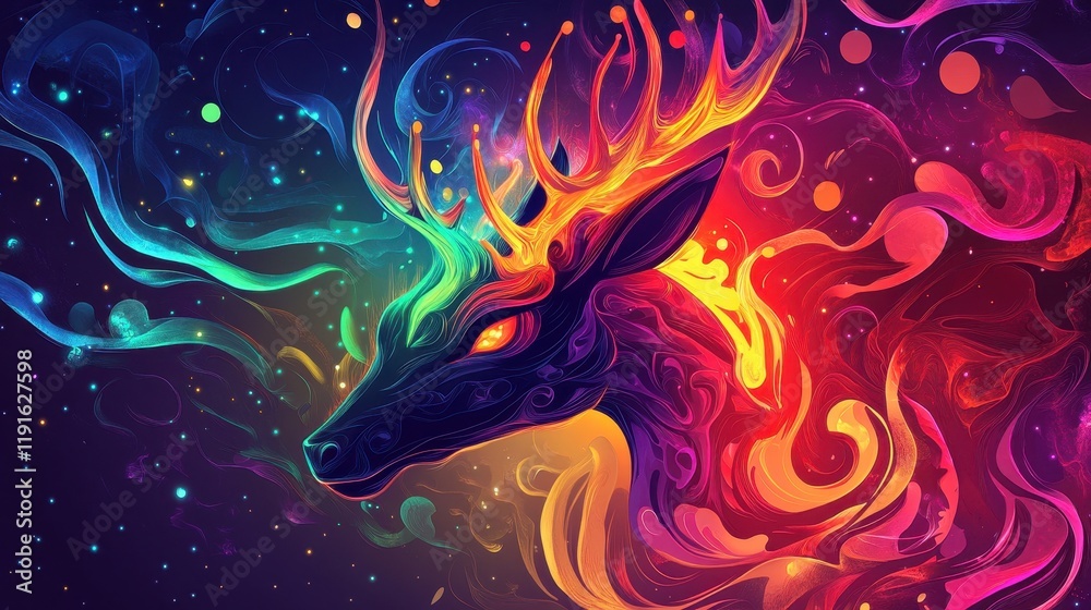 Abstract Colorful Deer Head in Cosmic Nebula Abstract Colorful Deer Head in Cosmic Nebula