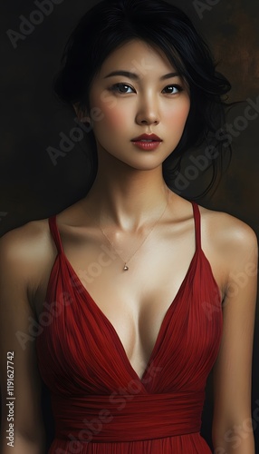 Asian woman in a contemporary red dress with a bold deep neckline