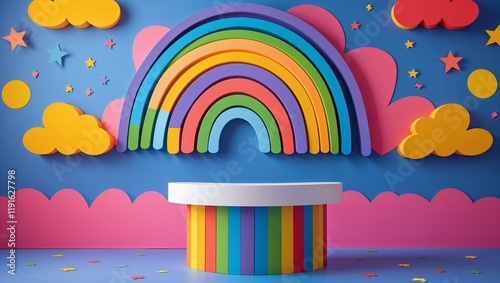product presentation with beautiful pedestal display podium or display birthday children's party on colorful background Shelf counter standing backdrop
