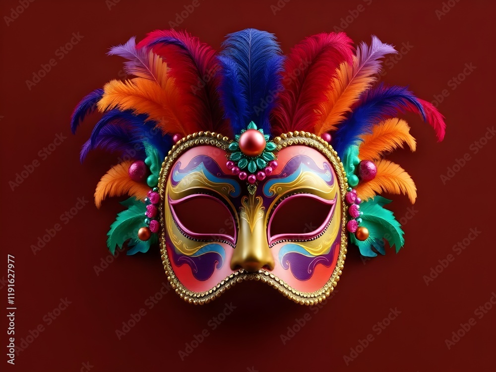 A 3D render of a horizontal image of a colorful carnival mask. The mask is decorated with feathers, beads, and other ornate designs.
A 3D render of a horizontal image of a colorful carnival mask. The mask is decorated with feathers, beads, and other ornate designs.