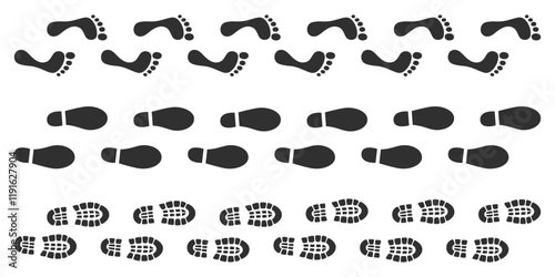 Shoe and foot prints set. Black feet, boots and sneakers footprints silhouettes. Human steps traces. Vector illustration isolated on white background.