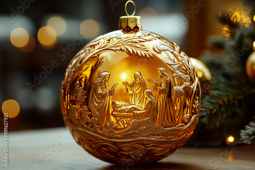 Golden ornament on a wooden table with nativity scene carving, surrounded by blurred lights. Concept of holiday decoration, religious theme. For holiday card design. photo