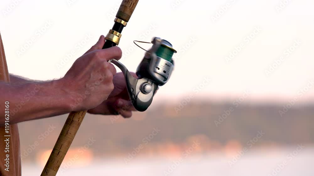 Salmon Fishing - Closeup -Slow Motion - Man's Hand Reeling Line Salmon Fishing - Closeup -Slow Motion - Man's Hand Reeling Line