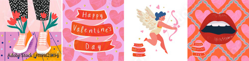 Happy Valentine's Day. Abstract cute vector Valentine's Day illustrations featuring hearts, cupid, lips, flowers, and banners. Perfect for greeting card, poster, background, or romantic design project