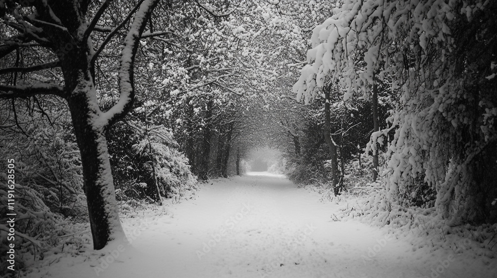 Obraz premium Snow-covered pathway through a serene forest during winter afternoon