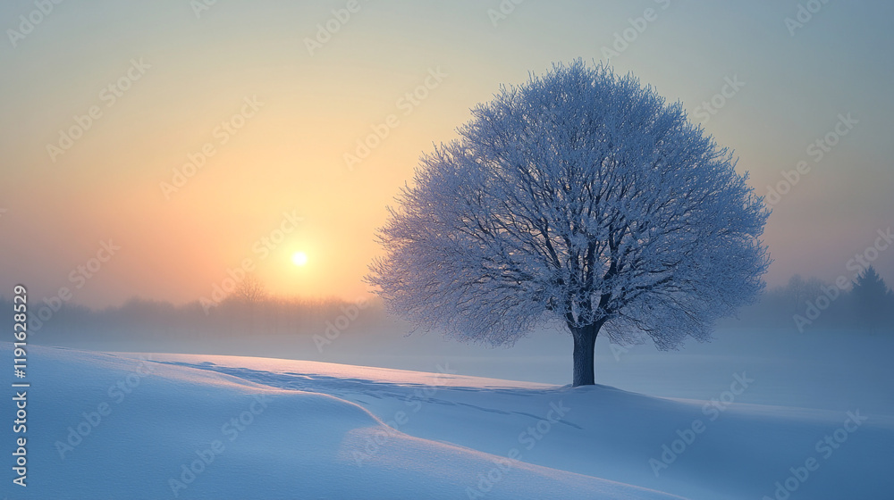 Winter sunrise over a snow-covered field with a single tree in the foreground
