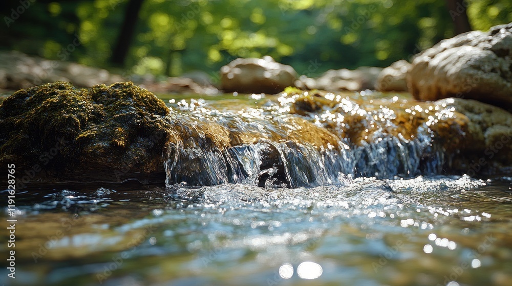 Sunlit Creek Water Flows Over Mossy Rocks Sunlit Creek Water Flows Over Mossy Rocks
